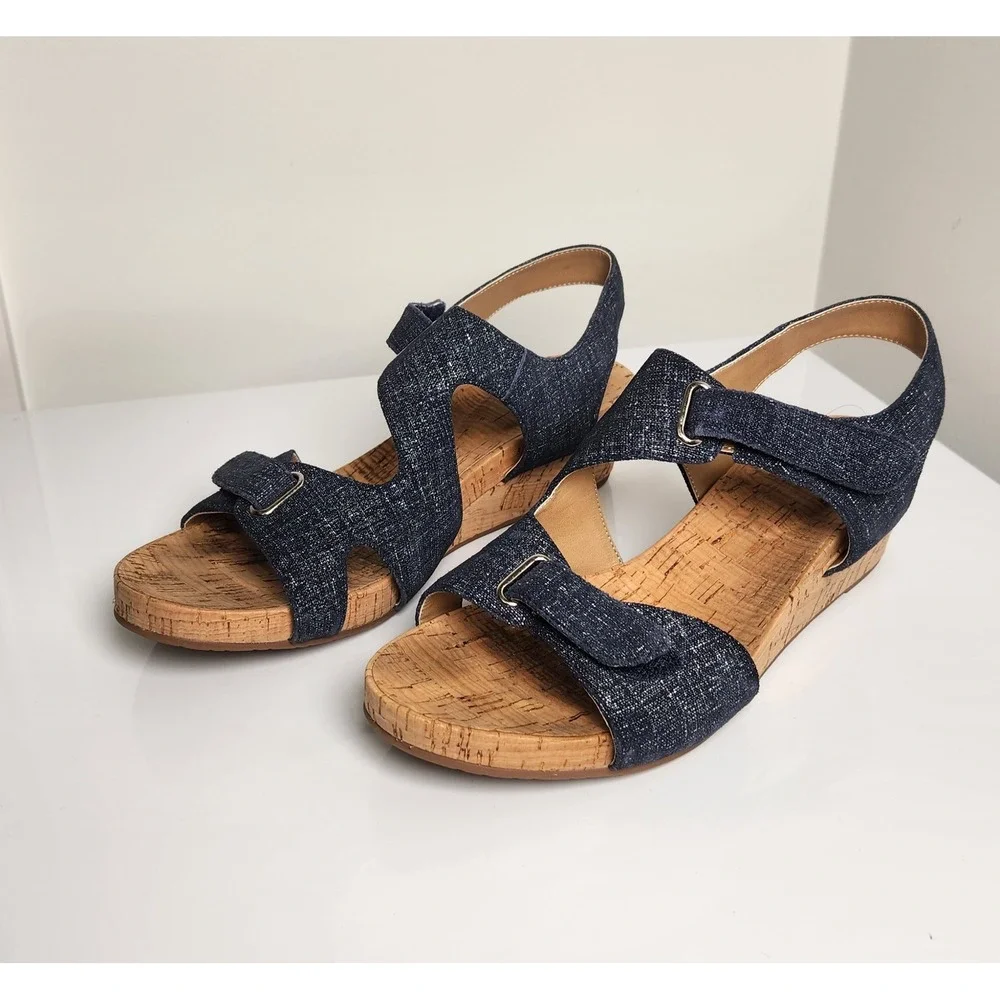 Women's Navy Shimmer Leather Cork Wedge Sandals Adjustable Straps Blue 9M
